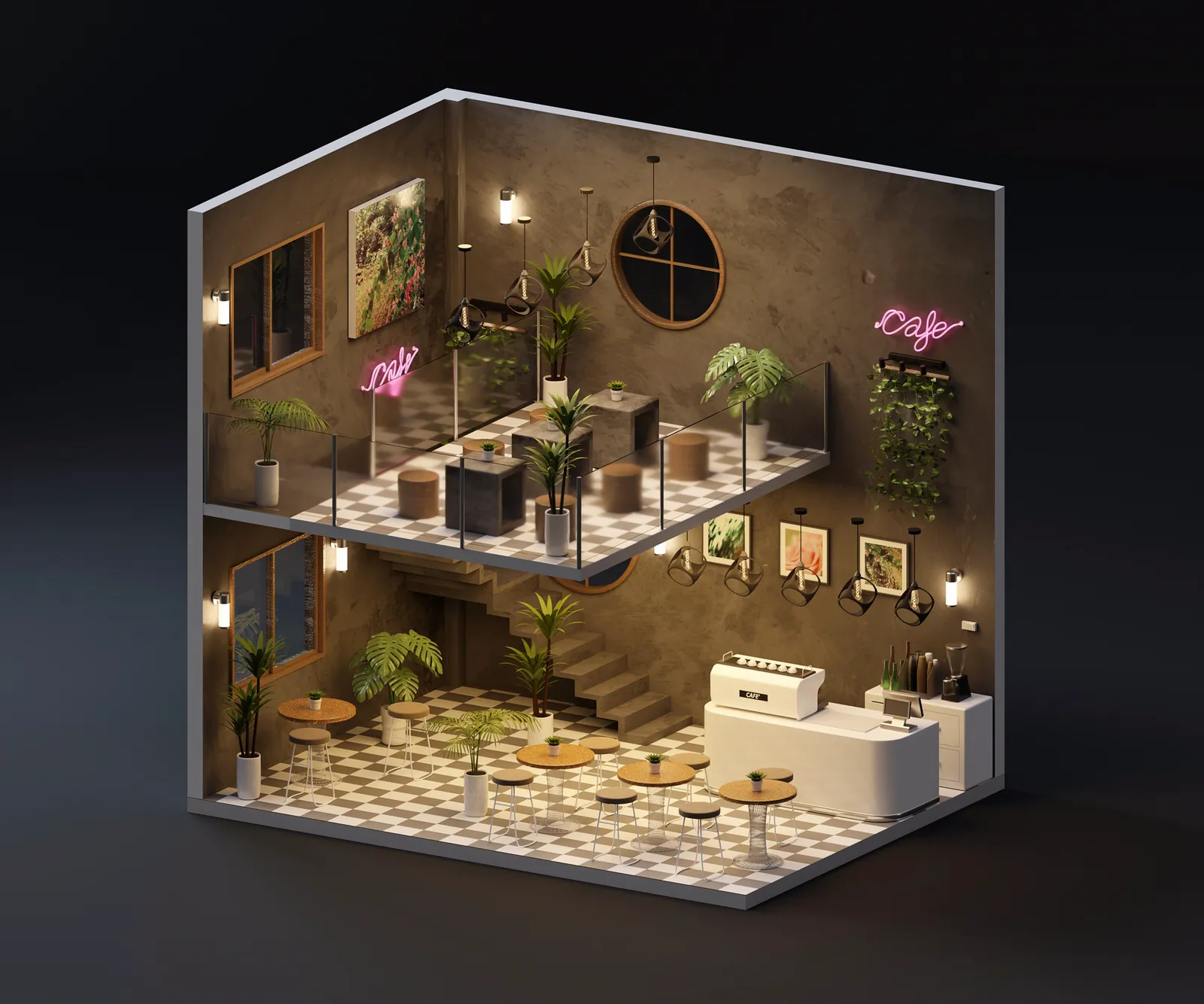 Symbolbild 3D-Visualisierung: zweistöckiges Café als Raummodell im Schnitt